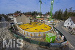 21.03.2026, Bad Wörishofen (Unterallgäu), Baustelle Löwenbräu-Arkaden Bad Wörishofen, das alte Restaurant und ehemalige Brauerei wurde 2022 abgerissen um eine neue Wohnanlage zu errichten. Der Neubau der Firma Glass kommt zügig voran, das Untergeschoss ist schon gut zu erkennen mit dem Rundbau. Neben Wohnungen und Gastronomie und Tiefgaragen entsteht ein Ort der Begegnung im Herzen von Bad Wörishofen. 
