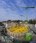21.03.2026, Bad Wörishofen (Unterallgäu), Baustelle Löwenbräu-Arkaden Bad Wörishofen, das alte Restaurant und ehemalige Brauerei wurde 2022 abgerissen um eine neue Wohnanlage zu errichten. Der Neubau der Firma Glass kommt zügig voran, das Untergeschoss ist schon gut zu erkennen mit dem Rundbau. Neben Wohnungen und Gastronomie und Tiefgaragen entsteht ein Ort der Begegnung im Herzen von Bad Wörishofen. 
