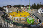 21.03.2026, Bad Wörishofen (Unterallgäu), Baustelle Löwenbräu-Arkaden Bad Wörishofen, das alte Restaurant und ehemalige Brauerei wurde 2022 abgerissen um eine neue Wohnanlage zu errichten. Der Neubau der Firma Glass kommt zügig voran, das Untergeschoss ist schon gut zu erkennen mit dem Rundbau. Neben Wohnungen und Gastronomie und Tiefgaragen entsteht ein Ort der Begegnung im Herzen von Bad Wörishofen. 
