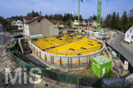21.03.2026, Bad Wörishofen (Unterallgäu), Baustelle Löwenbräu-Arkaden Bad Wörishofen, das alte Restaurant und ehemalige Brauerei wurde 2022 abgerissen um eine neue Wohnanlage zu errichten. Der Neubau der Firma Glass kommt zügig voran, das Untergeschoss ist schon gut zu erkennen mit dem Rundbau. Neben Wohnungen und Gastronomie und Tiefgaragen entsteht ein Ort der Begegnung im Herzen von Bad Wörishofen. 
