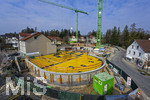 21.03.2026, Bad Wörishofen (Unterallgäu), Baustelle Löwenbräu-Arkaden Bad Wörishofen, das alte Restaurant und ehemalige Brauerei wurde 2022 abgerissen um eine neue Wohnanlage zu errichten. Der Neubau der Firma Glass kommt zügig voran, das Untergeschoss ist schon gut zu erkennen mit dem Rundbau. Neben Wohnungen und Gastronomie und Tiefgaragen entsteht ein Ort der Begegnung im Herzen von Bad Wörishofen. 
