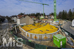 21.03.2026, Bad Wörishofen (Unterallgäu), Baustelle Löwenbräu-Arkaden Bad Wörishofen, das alte Restaurant und ehemalige Brauerei wurde 2022 abgerissen um eine neue Wohnanlage zu errichten. Der Neubau der Firma Glass kommt zügig voran, das Untergeschoss ist schon gut zu erkennen mit dem Rundbau. Neben Wohnungen und Gastronomie und Tiefgaragen entsteht ein Ort der Begegnung im Herzen von Bad Wörishofen. 

