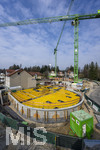 21.03.2026, Bad Wörishofen (Unterallgäu), Baustelle Löwenbräu-Arkaden Bad Wörishofen, das alte Restaurant und ehemalige Brauerei wurde 2022 abgerissen um eine neue Wohnanlage zu errichten. Der Neubau der Firma Glass kommt zügig voran, das Untergeschoss ist schon gut zu erkennen mit dem Rundbau. Neben Wohnungen und Gastronomie und Tiefgaragen entsteht ein Ort der Begegnung im Herzen von Bad Wörishofen. 
