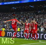 07.04.2026, Fussball UEFA Championsleague 2025/2026: Viertelfinale, Real Madrid - FC Bayern München, im Estadio Bernabeu in Madrid (Spanien),  Torjubel zum 2:0 Harry Kane (re, FC Bayern München), Michael Olise (FC Bayern München), Konrad Laimer (FC Bayern München), Luis Diaz (FC Bayern München) 
