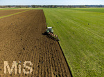 08.04.2026, Landwirtschaft, Bad Wörishofen im Allgäu. Landwirt pflügt jetzt im Frühling sein Feld, aus Wiese wird Acker.  Krähenvögel nutzen die frische Erde zur Nahrungssuche und umkreisen den Traktor dutzendweise.