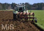 08.04.2026, Landwirtschaft, Bad Wörishofen im Allgäu. Landwirt pflügt jetzt im Frühling sein Feld, aus Wiese wird Acker. Das Pflügen des Feldes lockt zahlreiche Vögel auf Nahrungssuche an. Krähen und Greifvögel. 