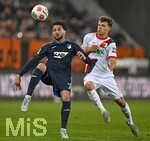 10.04.2026, Fussball 1. Bundesliga 2025/2026, 29.Spieltag, FC Augsburg - TSG 1899 Hoffenheim, in der WWK-Arena Augsburg. v.l. Leon Avdullahu (Hoffenheim) gegen Robin Fellhauer (Augsburg) 
 

