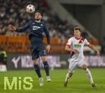 10.04.2026, Fussball 1. Bundesliga 2025/2026, 29.Spieltag, FC Augsburg - TSG 1899 Hoffenheim, in der WWK-Arena Augsburg. von links:  Leon Avdullahu (Hoffenheim) gegen Robin Fellhauer (Augsburg) 