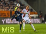 10.04.2026, Fussball 1. Bundesliga 2025/2026, 29.Spieltag, FC Augsburg - TSG 1899 Hoffenheim, in der WWK-Arena Augsburg. von links:  Leon Avdullahu (Hoffenheim) gegen Robin Fellhauer (Augsburg) 