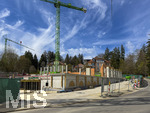 12.04.2026, Bad Wörishofen (Unterallgäu), Baustelle Löwenbräu-Arkaden Bad Wörishofen, das alte Restaurant und ehemalige Brauerei wurde 2022 abgerissen um eine neue Wohnanlage zu errichten. Der Neubau der Firma Glass kommt zügig voran, das Untergeschoss ist schon gut zu erkennen mit dem Rundbau. Neben Wohnungen und Gastronomie und Tiefgaragen entsteht ein Ort der Begegnung im Herzen von Bad Wörishofen. 
