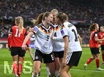14.04.2026,  WM-Qualifikation Europa, Frauen 2026, 3.Spieltag, Deutschland - Österreich, im Max-Morlock-Stadion Nürnberg, v.l. Sjoeke Nüsken (Deutschland), Rebecca Knaak (Deutschland) und Larissa Mühlhaus (Deutschland) jubeln