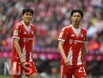 19.04.2026, Fussball Bundesliga 2025/2026, 30.Spieltag, FC Bayern München - VfB Stuttgart, in der Allianz-Arena München,   v.l. Min-jae Kim (Bayern München, Minjae Kim) und Hiroki Ito (FC Bayern München) 


