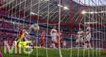 19.04.2026, Fussball Bundesliga 2025/2026, 30.Spieltag, FC Bayern München - VfB Stuttgart, in der Allianz-Arena München, Torschuss zum 4:1 von Harry Kane (3.v.re, FC Bayern München), Torwart Alexander Nübel (Stuttgart), Angelo Stiller (Stuttgart), Jeff Chabot (Stuttgart), Luca Jaquez (Stuttgart) schauen frustriert dem Ball nach.