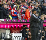 19.04.2026, Fussball Bundesliga 2025/2026, 30.Spieltag, FC Bayern München - VfB Stuttgart, in der Allianz-Arena München, Ein Fan auf der Tribüne hinter der Trainerbank hat eine perfekte Kopie der Meisterschale mitgebracht, Trainer Vincent Kompany (FC Bayern München) beachtet ihn nicht.