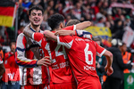 22.04.2026, Fussball DFB-Pokal  2025/2026 Halbfinale, Bayer Leverkusen - FC Bayern München, in der BayArena Leverkusen. Luis Diaz (FC Bayern München) freut sich über das Tor zum 0:2, Aleksander Pavlovic (FC Bayern München) (l)