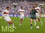 26.04.2026, Fussball 1. Bundesliga 2025/2026, 31.Spieltag, VfB Stuttgart - SV Werder Bremen, in der MHP-Arena Stuttgart, v.l. Angelo Stiller (Stuttgart), Lorenz Assignon (Stuttgart), , Olivier Deman (Werder Bremen) und Luca Jaquez (Stuttgart) 

