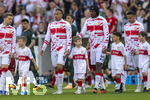 26.04.2026, Fussball 1. Bundesliga 2025/2026, 31.Spieltag, VfB Stuttgart - SV Werder Bremen, in der MHP-Arena Stuttgart, Einlauf der Teams mit den Eskortkindern, Maximilian Mittelstädt (Stuttgart), Jamie Leweling (Stuttgart), Dan-Axel Zagadou (Stuttgart), Luca Jaquez (Stuttgart), 