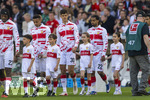 26.04.2026, Fussball 1. Bundesliga 2025/2026, 31.Spieltag, VfB Stuttgart - SV Werder Bremen, in der MHP-Arena Stuttgart, Einlauf der Teams mit den Eskortkindern, Dan-Axel Zagadou (Stuttgart), Luca Jaquez (Stuttgart), Chema Andres Baixauli Jose Maria (Stuttgart), Lorenz Assignon (Stuttgart) 
