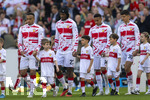 26.04.2026, Fussball 1. Bundesliga 2025/2026, 31.Spieltag, VfB Stuttgart - SV Werder Bremen, in der MHP-Arena Stuttgart, Einlauf der Teams mit den Eskortkindern, Jamie Leweling (Stuttgart), Dan-Axel Zagadou (Stuttgart), Luca Jaquez (Stuttgart), Chema Andres Baixauli Jose Maria (Stuttgart), 
