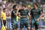 26.04.2026, Fussball 1. Bundesliga 2025/2026, 31.Spieltag, VfB Stuttgart - SV Werder Bremen, in der MHP-Arena Stuttgart, Torjubel, v.li: Yukinari Sugawara (Werder Bremen), Jens Stage (Werder Bremen), Jovan Milosevic (Werder Bremen) 