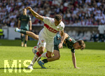 26.04.2026, Fussball 1. Bundesliga 2025/2026, 31.Spieltag, VfB Stuttgart - SV Werder Bremen, in der MHP-Arena Stuttgart, v.li: Jamie Leweling (Stuttgart) gegen Olivier Deman (Werder Bremen) 