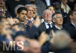 28.04.2026, Fussball UEFA Championsleague 2025/2026: Halbfinale Hinspiel,  Paris St. Germain - FC Bayern München, im Stadion Parc de Princes in Paris (Frankreich). v.li: Präsident Nasser Al-Khelaifi (Paris St. Germain, Qatar Sports Investments, QSI), Präsident Herbert Hainer (FC Bayern) auf der Ehrentribüne.