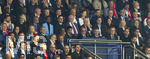 28.04.2026, Fussball UEFA Championsleague 2025/2026: Halbfinale Hinspiel,  Paris St. Germain - FC Bayern München, im Stadion Parc de Princes in Paris (Frankreich). Ehrentribüne, Präsident Nasser Al-Khelaifi (Paris St. Germain, Qatar Sports Investments, QSI),  Nicolas Sarkozy (Frankreich, 2 Plätze links neben Nasser Al-Khelaifi), Präsident Herbert Hainer (FC Bayern), Vorstandsvorsitzender Jan-Christian Dreesen (FC Bayern München),  
