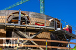 02.05.2026, Bad Wörishofen (Unterallgäu), Baustelle Löwenbräu-Arkaden Bad Wörishofen, der Neubau der Firma Glass aus Mindelheim kommt zügig voran, das Untergeschoss ist schon gut zu erkennen mit dem Rundbau. Neben Wohnungen und Gastronomie und Tiefgaragen entsteht ein Ort der Begegnung im Herzen von Bad Wörishofen.  
