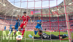 02.05.2026, Fussball Bundesliga 2025/2026, 32.Spieltag, FC Bayern München - 1.FC Heidenheim, in der Allianz-Arena München, Das entscheidende Tor zum 3:3.Ausgleich von Michael Olise (hinten, FC Bayern München), der Ball prallt vom Pfosten zum Rücken Torwart Diant Ramaj (re, 1.FC Heidenheim) und geht ins Tor. Patrick Mainka (1.FC Heidenheim), Min-jae Kim (Bayern München, Minjae Kim) Marnon Busch (1. FC Heidenheim 1846) schauen dem Ball nach 


