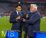 06.05.2026, Fussball UEFA Championsleague 2025/2026: Halbfinale Rückpiel,  FC Bayern München - Paris St. Germain, in der Allianz-Arena München, PSG-Eigner und Vorstandsvorsitzender Nasser Ghanim Al-Khelaifi (li, PSG) nach dem Spiel überglücklich bei CANAL Plus, dem TV-Sender aus Frankreich, mit TV-Experte David Ginola (re, Ex-Fussballer FRA)