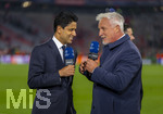 06.05.2026, Fussball UEFA Championsleague 2025/2026: Halbfinale Rückpiel,  FC Bayern München - Paris St. Germain, in der Allianz-Arena München, PSG-Eigner und Vorstandsvorsitzender Nasser Ghanim Al-Khelaifi (li, PSG) nach dem Spiel überglücklich bei CANAL Plus, dem TV-Sender aus Frankreich, mit TV-Experte David Ginola (re, Ex-Fussballer FRA)