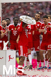 16.05.2026, Fussball Bundesliga 2025/2026, 34.Spieltag, FC Bayern München - 1.FC Köln, in der Allianz-Arena München, Nach dem Spiel die Siegerehrung für den Deutschen Meister Bayern München, Michael Olise (FC Bayern München) versteckt sich etwas schüchtern hinter der Meisterschale,