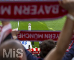 16.05.2026, Fussball Bundesliga 2025/2026, 34.Spieltag, FC Bayern München - 1.FC Köln, in der Allianz-Arena München, Meisterschale steht auf dem Platz bereit, Blick durch Fanschals der Bayernfans.