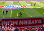 16.05.2026, Fussball Bundesliga 2025/2026, 34.Spieltag, FC Bayern München - 1.FC Köln, in der Allianz-Arena München, Meisterschale steht auf dem Platz bereit, Blick durch Fanschals der Bayernfans.