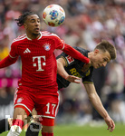 16.05.2026, Fussball Bundesliga 2025/2026, 34.Spieltag, FC Bayern München - 1.FC Köln, in der Allianz-Arena München, von links:  Michael Olise (FC Bayern München) gegen Kristoffer Lund (1.FC Köln) 