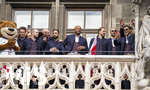 17.05.2026, Fussball Bundesliga 2025/2026, Meisterfeier des FC Bayern München auf dem Rathausbalkon in München. Trainer Vincent Kompany (FC Bayern München), Harry Kane (FC Bayern München), Konrad Laimer (FC Bayern München), Leon Goretzka (FC Bayern München) 