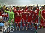 23.05.2026, Fussball DFB-Pokal 2025/2026, Finale, FC Bayern München - VfB Stuttgart, im Olympiastadion Berlin. v.l. Torwart Jonas Urbig (FC Bayern München), Jonathan Tah (FC Bayern München), Tom Bischof (Bayern München), Aleksandar Pavlovic (FC Bayern München), Dayot Upamecano (FC Bayern München)   jubeln

