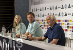 27.05.2026, Fussball DFB-Nationalmannschaft Deutschland, Trainingslager vor der WM, Auftakt-Pressekonferenz im Medienzentrum HALFTIME bei ADIDAS, in Herzogenaurach.  v.li: DFB-Pressesprecherin Franziska Wülle, Trainer Julian Nagelsmann (Deutschland), Sportdirektor Rudi Völler (Deutschland), 