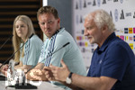 27.05.2026, Fussball DFB-Nationalmannschaft Deutschland, Trainingslager vor der WM, Auftakt-Pressekonferenz im Medienzentrum HALFTIME bei ADIDAS, in Herzogenaurach.  v.li: DFB-Pressesprecherin Franziska Wülle, Trainer Julian Nagelsmann (Deutschland), Sportdirektor Rudi Völler (Deutschland), 
