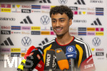 28.05.2026, Fussball DFB-Nationalmannschaft Deutschland, Trainingslager vor der WM in Herzogenaurach, im Homeground bei ADIDAS. Erste Trainingseinheit auf dem Adidas-Sportplatz, Medienrunde nach dem Training mit einigen Spielern der Nationalmannschaft. Nathaniel Brown (Deutschland) 