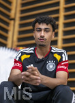 28.05.2026, Fussball DFB-Nationalmannschaft Deutschland, Trainingslager vor der WM in Herzogenaurach, im Homeground bei ADIDAS. Erste Trainingseinheit auf dem Adidas-Sportplatz, Medienrunde nach dem Training mit einigen Spielern der Nationalmannschaft. Nathaniel Brown (Deutschland) 