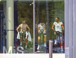 01.06.2026, Fussball, DFB-Nationalmannschaft Deutschland, letztes Training vor Abreise nach USA zur WM 2026, am DFB-Campus in Frankfurt am Main. Spieler trainieren im Fitnessraum auf den Ergometern, von links:  Joshua Kimmich (Deutschland), Alexander Pavlovic (Deutschland), Jonathan Tah (Deutschland),