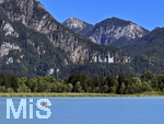 17.06.2026, Forggensee bei Füssen im Allgäu, Dahinter das Schloss Neuschwanstein, auf dem Wasser paddelt eine SUP-Fahrerin