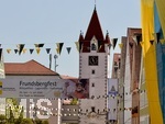 26.06.2026,  Frundsbergfest Mindelheim 2026, ein bekanntes Historisches-Fest im Unterallgäu mit tausenden Mitwirkenden. Die Kreisstadt Mindelheim kehrt für eine Woche ins Mittelalter zurück und feiert ihre historische Geschichte.  Hier die historischen Fassaden in der Maximilianstrasse festlich geschmückt. 