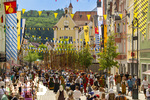 28.06.2026,  Frundsbergfest Mindelheim 2026, ein bekanntes Historisches-Fest im Unterallgäu mit tausenden Mitwirkenden. Die Kreisstadt Mindelheim kehrt für eine Woche ins Mittelalter zurück und feiert ihre historische Geschichte. Am heutigen Sonntag zieht sich der Historische Festzug durch die geschmückte Altstatdt.  