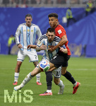 07.07.2026, Fussball Weltmeisterschaft 2026 in den USA, Achtelfinale, Argentinien - Ägypten, im Mercedes-Benz Stadium (Atlanta, GA),  Lionel Messi (li, Argentinien) am Ball gegen Hamdy Fathy (Ägypten)


