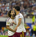 14.07.2026, Fussball Weltmeisterschaft 2026 in den USA, Halbfinale, Frankreich - Spanien, im AT&T Stadium (Dallas (Arlington)),  v.li: Marc Cucurella (Spanien), Aymeric Laporte (Spanien), Mikel Merino (Spanien) 


