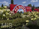 30.07.2026, Fussball Bundesliga 2026/2027, Trainingslager FC Bayern München in Rottach-Egern am Tegernsee (Bayern). Testspiel FC Rottach Egern - FC Bayern München, Der Mannschaftsbus des FC Bayern München steht am Hotel vor dem Eingang, vor einem herrlichen Blumenbeet.