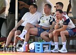 30.07.2026, Fussball Bundesliga 2026/2027, Trainingslager FC Bayern München in Rottach-Egern am Tegernsee (Bayern). Testspiel FC Rottach Egern - FC Bayern München,    v.l. Sportvorstand Max Eberl (Bayern München) und Teamarzt Jochen Hahne (FC Bayern München)  