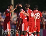 30.07.2026, Fussball Bundesliga 2026/2027, Trainingslager FC Bayern München in Rottach-Egern am Tegernsee (Bayern). Testspiel FC Rottach Egern - FC Bayern München,     Torjubel  v.l. Aleksandar Pavlovic (Bayern München) , Bara Ndiaye (FC Bayern München), Guido Della Rovere (FC Bayern München) und Bastian Assomo (FC Bayern München).